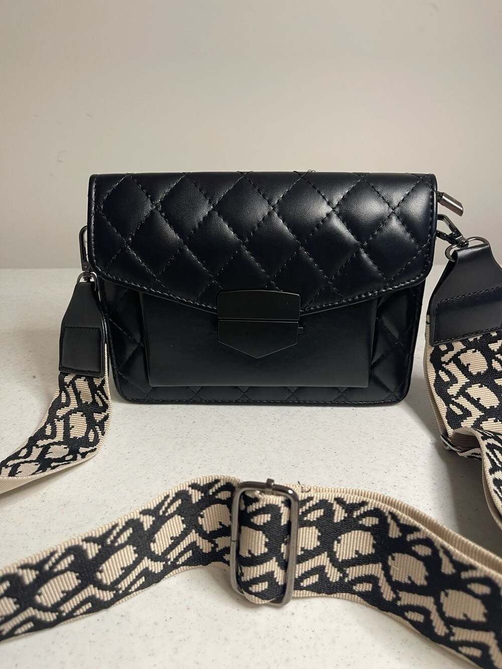 NEW - Black Quilted Faux Leather Crossbody Bag w Patterned Wide Strap